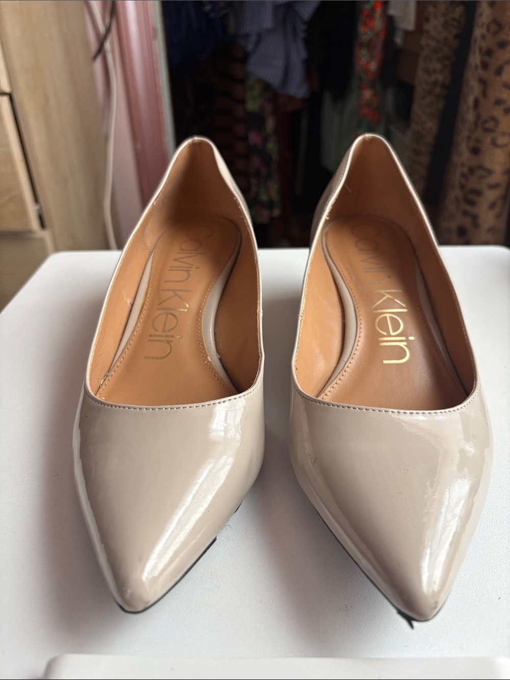 Calvin Klein Women's Beige Garya Patent Pointed-Toe Wedges
